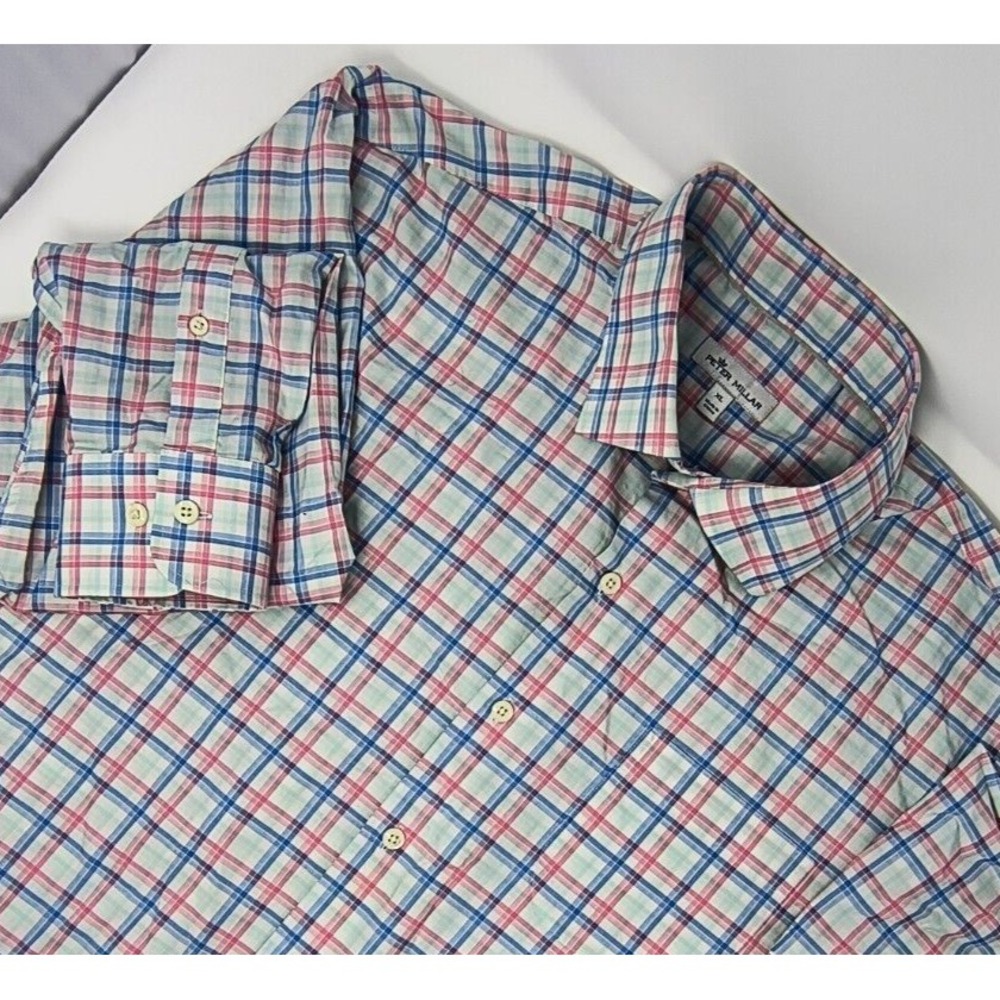 Peter Millar Men's XL Pink Blue Plaid Button Down Long Sleeve Shirt Stretch EUC